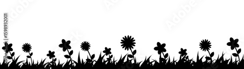 Grass and flower silhouette vector illustration featuring a natural black border of various grass blades and blooming flowers perfect for nature backgrounds, outdoor designs, and decorative concepts.
