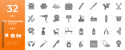 Pet grooming solid icon set vector illustration featuring glyph icons for pet care tools, animal hygiene, and services for cats and dogs with scalable vector graphic design.