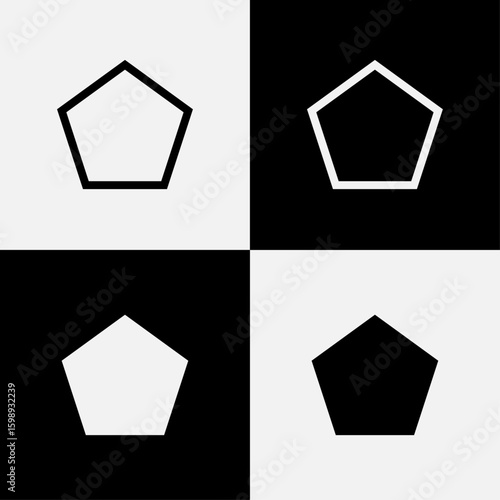 Geometric pentagon shape set vector illustration featuring outline and solid fill variations in black and white, ideal for abstract backgrounds, design elements, and polygon-based digital artwork.