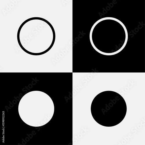 Geometric circle shape icon set vector illustration featuring outline and solid fill variations in black and white, perfect for abstract design elements, backgrounds, and visual pattern construction.