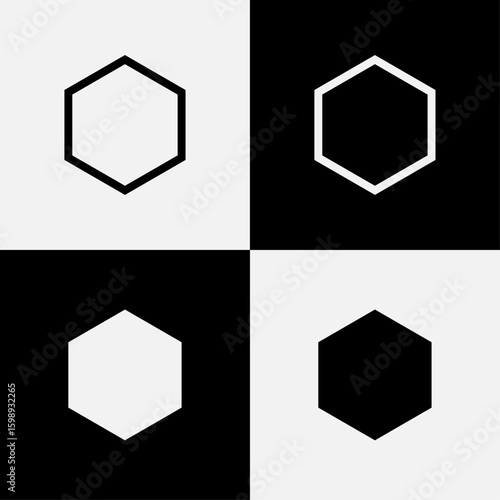 Geometric hexagon shape set vector illustration with solid and outline versions in black and white, great for abstract patterns, digital interfaces, and polygonal art design.
