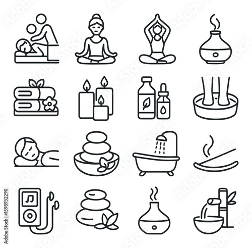 Spa linear icon set. containing massage, meditation, aromatherapy, candles, essential oils, and more.