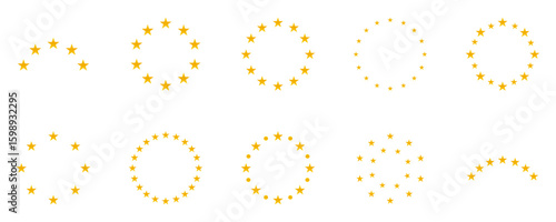 Circular star badge set vector illustration featuring various golden yellow star arrangements in round and curved shapes perfect for decorative elements, awards, ratings, and design projects.