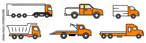 Commercial truck icon set vector illustration featuring various transport vehicles including semi trucks, pickups, vans, dump trucks, tow trucks, and flatbeds in flat design style.