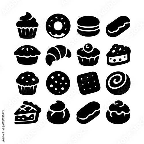 Bakery silhouette icon set. featuring cupcake, donut, macaron, eclair, pie, croissant, muffin, and more.