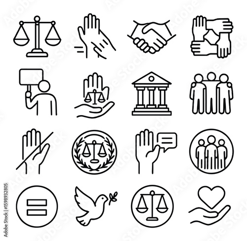 Justice linear icon set. featuring scales, handshake, protest, courthouse, equality, and more.