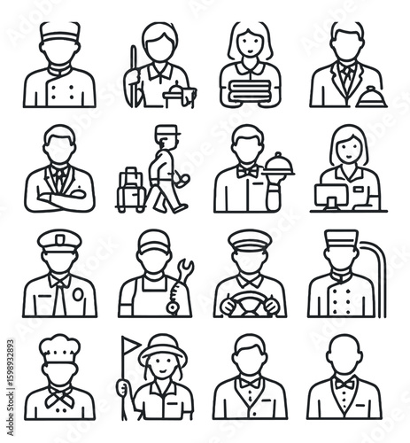 Profession linear icon set. featuring chef, waiter, bellhop, receptionist, mechanic, driver, and more.