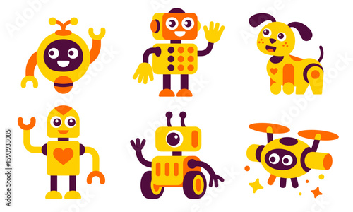 Set of cartoon robots and a robot dog, perfect for kids, fun educational and technology tech illustrations