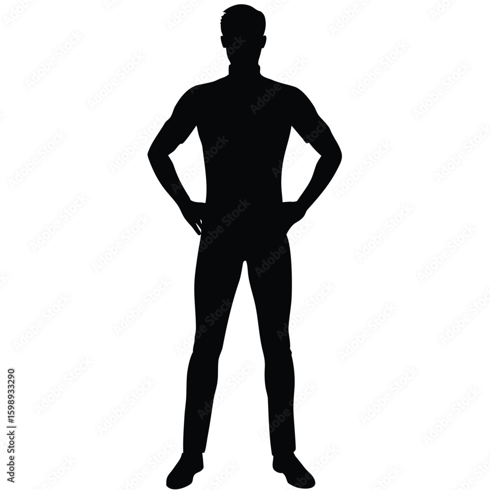 Fototapeta premium Full Body Silhouette of Man Standing with Hands on Hips, Stylish Look