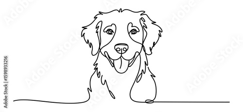 Continuous line art, vector illustration of a happy Golden Retriever dog with tongue out, perfect for pet logos, animal themes