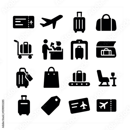 Travel silhouette icon set. includes airplane, luggage, boarding pass, security check, ticket, and more.