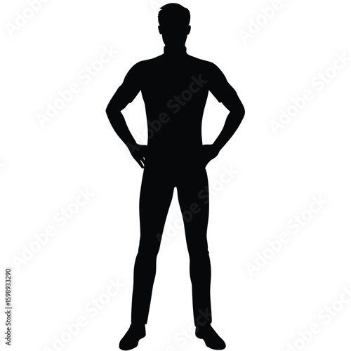 Full Body Silhouette of Man Standing with Hands on Hips, Stylish Look
