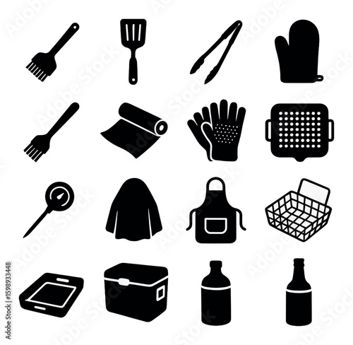 Barbecue silhouette icon set. includes grill, spatula, mitt, tongs, glove, brush, apron, and more.