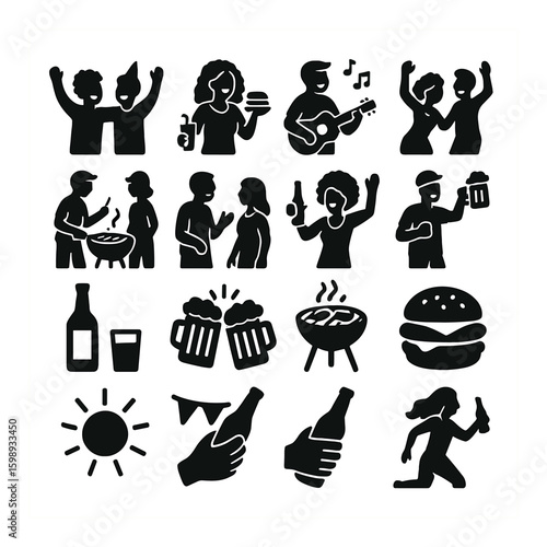 Outdoor party silhouette icon set: music, bbq, drinks, dancing, celebration, friends, and more