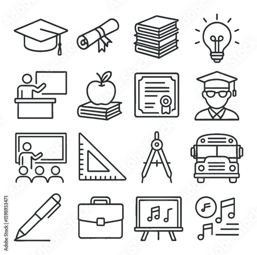 Education linear icon set. containing graduation cap, diploma, books, lightbulb, teacher, apple, certificate, student, and more.