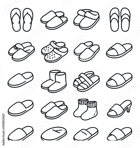 Footwear linear icons set. containing sandal, slipper, boot, flip-flop, moccasin, loafer, clog, slide, stiletto.