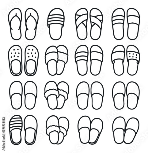 Footwear silhouette icons set. containing slippers, sandals, flip-flops, slides, clogs, moccasins, and more.
