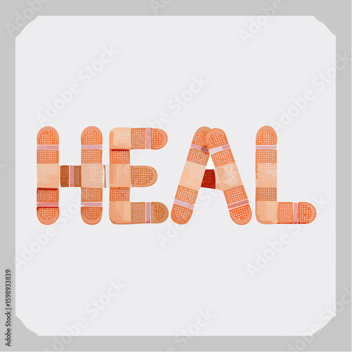 “Heal” made from soft bandages, a metaphor for repair, tenderness, and emotional healing.