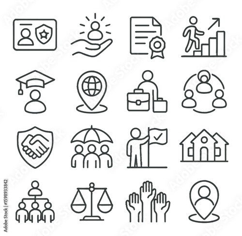 Business linear icon set. containing id, employee, certificate, growth, graduate, network, teamwork, balance, and more.