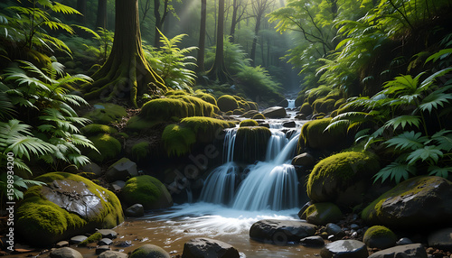 Small waterfall flowing through green forest landscape
