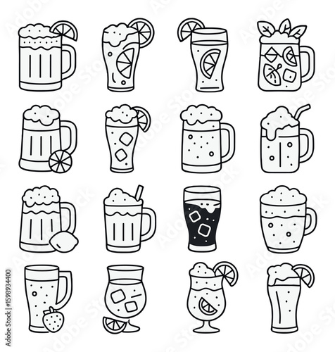 Beverage silhouette icon set. featuring beer, cocktail, lemonade, mint, citrus, ice, straw, mug, pint, glass