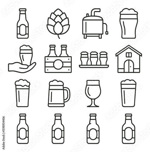 Brewery linear icons set: beer bottle, hops, keg, pint glass, beer crate, brewery building, beer mug