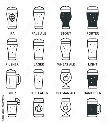 Beer linear icon set: ipa, pale ale, stout, porter, pilsner, lager, wheat ale, light, bock, pale lager, belgian ale, dark beer