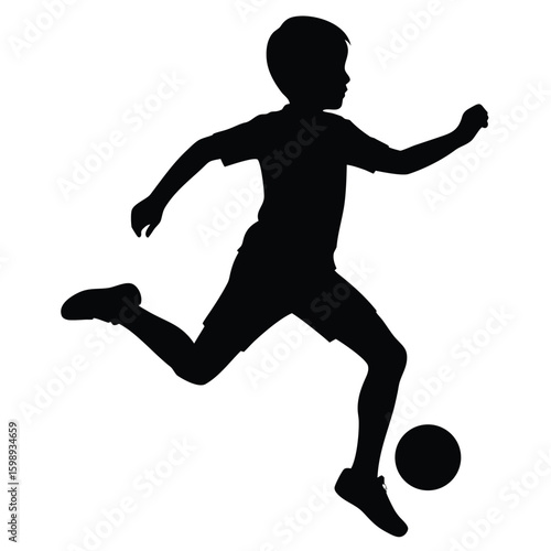 Black Silhouette of Young Boy Kicking Soccer Ball with Forceful Energy