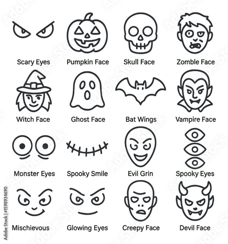 Halloween linear icon set: skull, zombie, witch, ghost, vampire, monster, devil, spooky eyes, bat