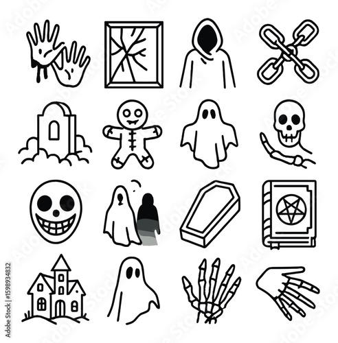 Halloween silhouette icon set: ghost, skull, haunted house, coffin, witch, zombie, skeleton, cemetery, grave