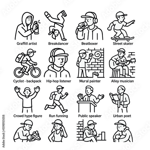 Urban lifestyle linear icons set: graffiti, breakdancer, beatboxer, skater, cyclist, hip-hop, mural, musician, poet