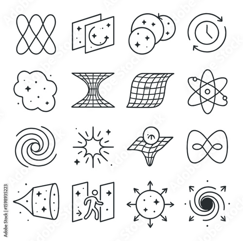 Science linear icon set: space, time, gravity, atom, spiral, singularity, matter, infinity