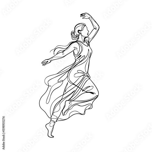 Abstract one line art drawing of a woman dancing with flowy dress. Modern continuous line minimal female dancer illustration. Vector graphic