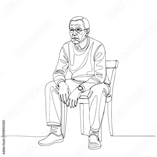 Continuous line drawing of an old man sitting on a chair with eyes gazing forward. Minimalist style. Vector illustration for art print or textile design