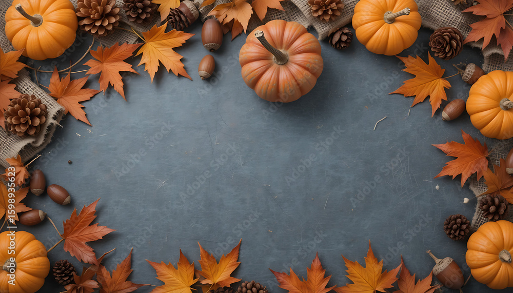 Obraz premium A rustic autumn border featuring vibrant orange pumpkins, fallen leaves, acorns, and pine cones arranged on a dark grey slate surface