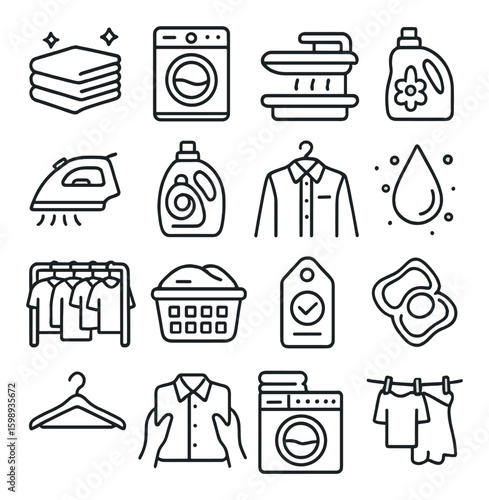 Laundry linear icon set: washing machine, iron, detergent, shirt, water drop, hanger, clothesline