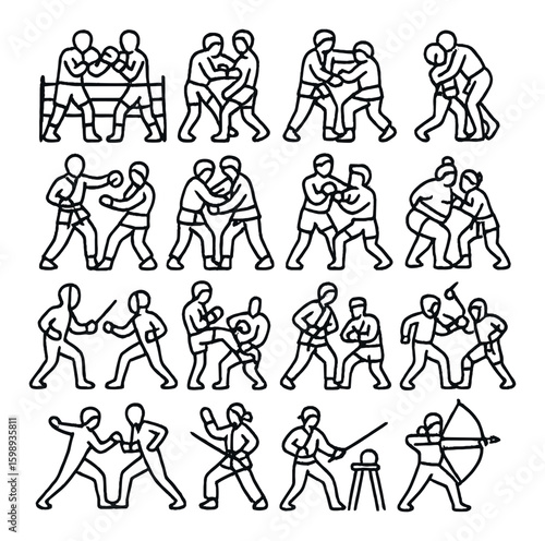 Martial arts silhouette icon set: boxing, wrestling, karate, fencing, archery, and more