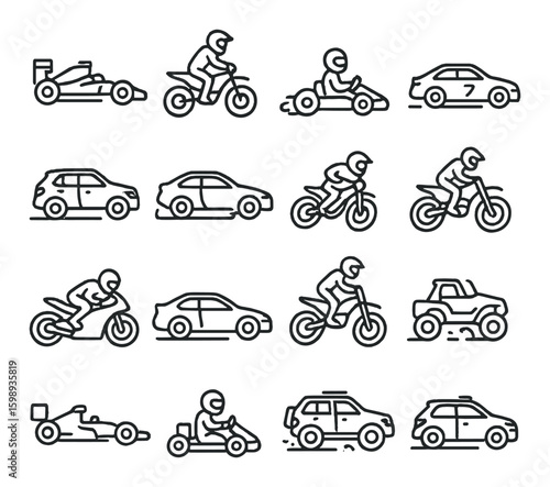 Transportation linear icon set. featuring car, bike, motorcycle, kart, racing, driver, quad and more.