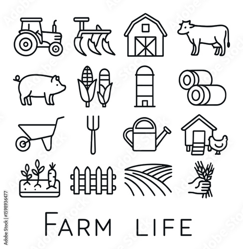 Farm life linear icon set. includes tractor, barn, cow, pig, corn, silo, hay bales, and more.