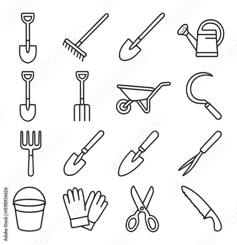 Gardening linear icon set. includes shovel, rake, watering can, wheelbarrow, sickle, gloves, shears, more.