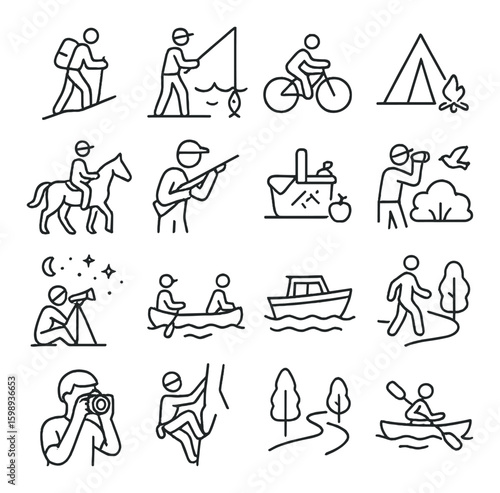 Outdoor activities linear icon set. hiking, fishing, cycling, camping, horse riding, hunting, boating, canoeing.