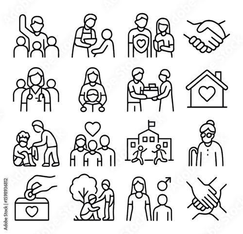 Volunteer linear icons set. includes community, support, donation, care, help, teamwork, handshake, charity, and more.