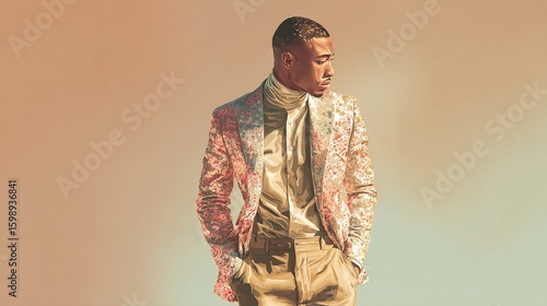 Stylish man poses in a glittery coat with gradient peach-toned backdrop