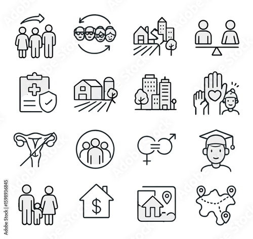 Community linear icon set. includes family, healthcare, housing, education, equality, sustainability, and more.