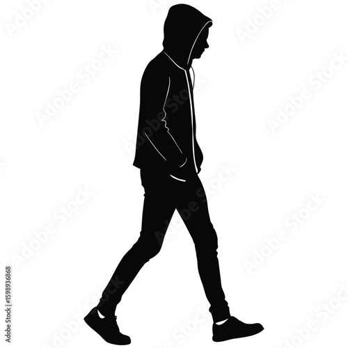 Silhouette of a Man Walking in Hooded Jacket and Jeans, Side View