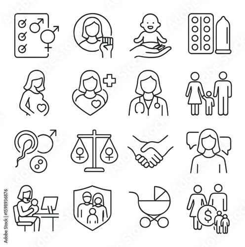 Healthcare linear icon set. includes pregnancy, doctor, family, baby, pills, condom, consultation.
