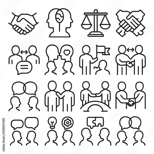 Business linear icons set: teamwork, communication, partnership, negotiation, ideas, agreement