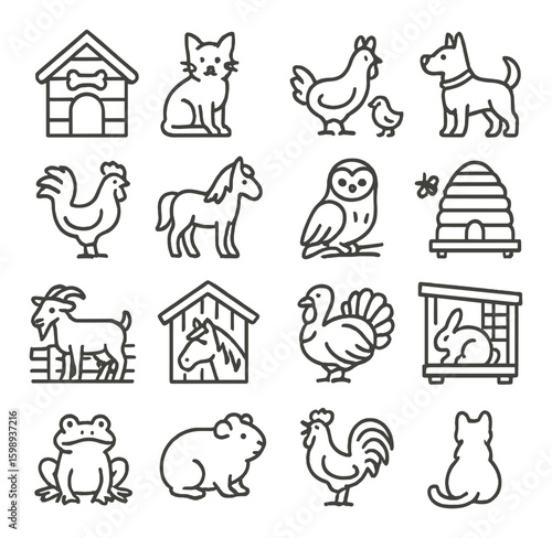Farm animals linear icon set. including cat, dog, chicken, goat, horse, rabbit, duck, frog, guinea pig.