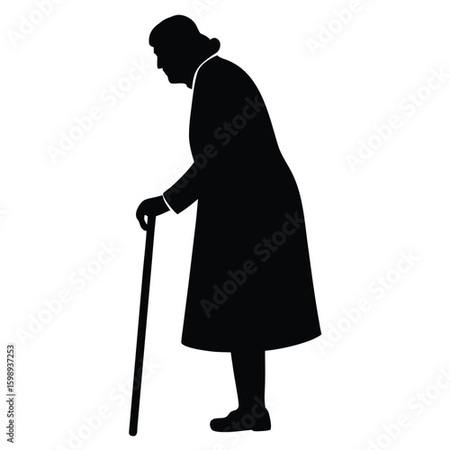 Silhouette of a Senior Citizen: An elegant silhouette of an elderly woman, her posture conveying a lifetime of experience and grace, she walks with a walking cane.