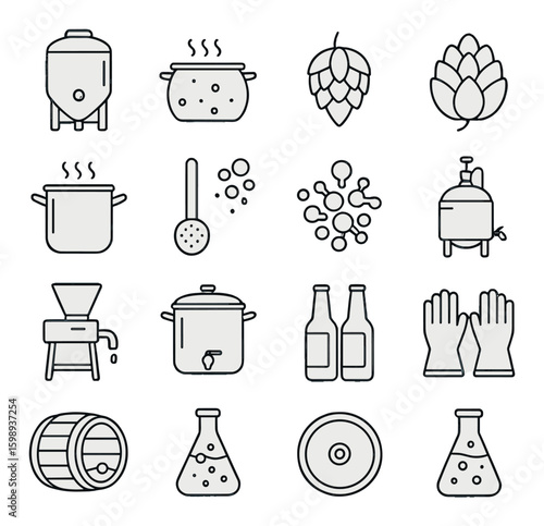 Brewery linear icon set. featuring fermenter, kettle, hops, barley, brewing, bottle, and more.